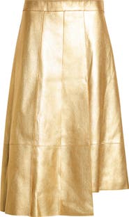 Akris Trapezoid Pleated Metallic Leather Midi Skirt