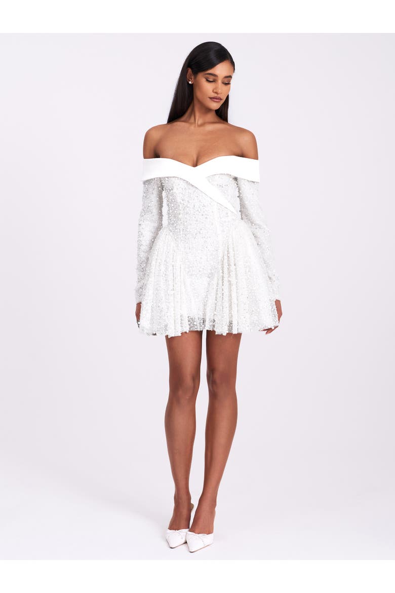 Kira Bead Embroidered Mesh Off Shoulder Long Sleeve Mini Dress, Alternate, color, White