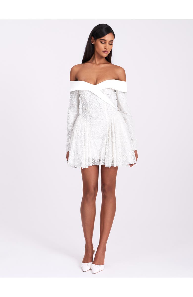 Miss Circle Kira Bead Embroidered Mesh Off Shoulder Long Sleeve Mini Dress, Alternate, color, White