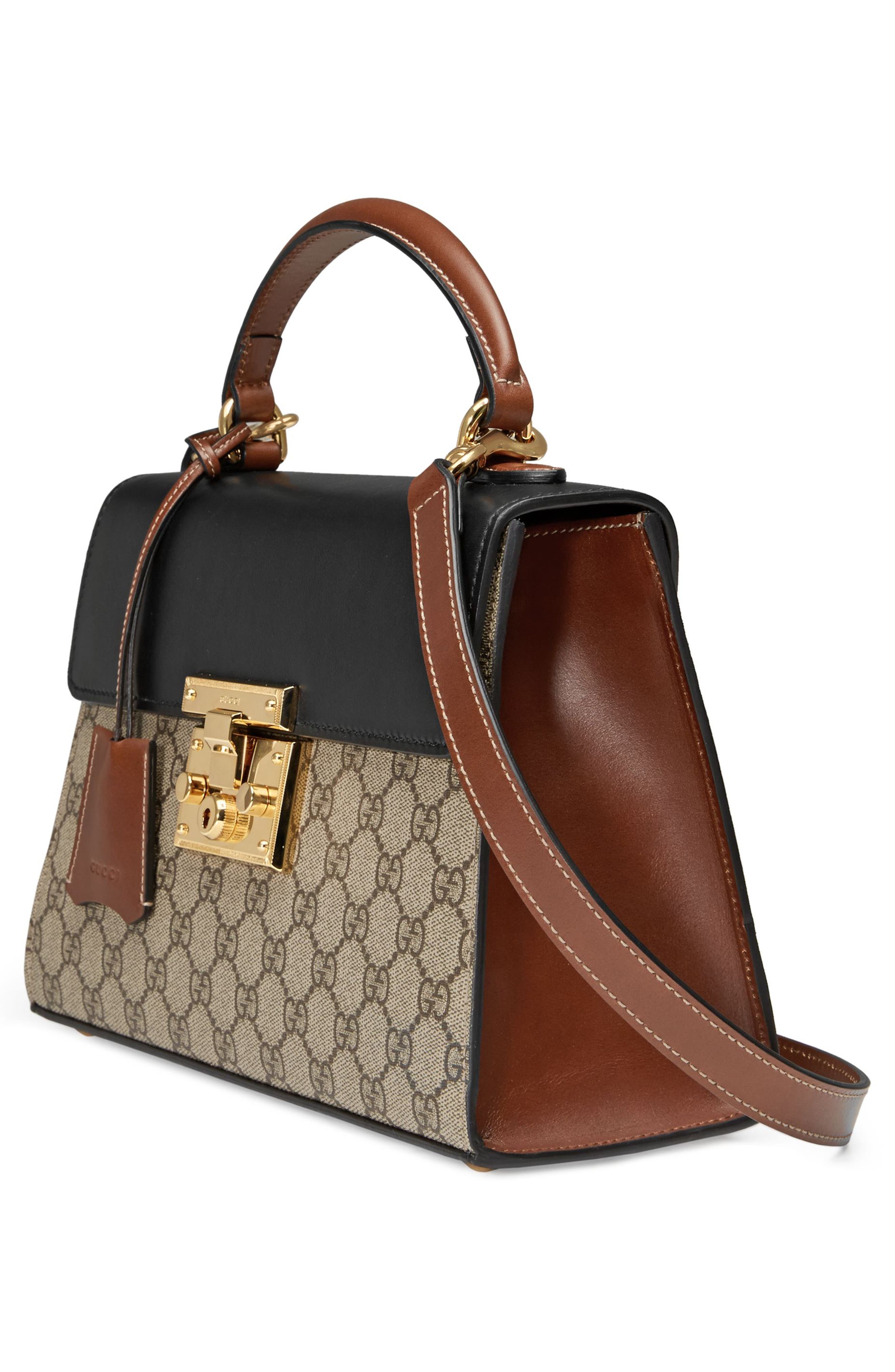 Small Padlock GG Supreme Canvas & Leather Top Handle Satchel, Alternate, color, BEIGE EBONY/ NERO/ TOSCANO