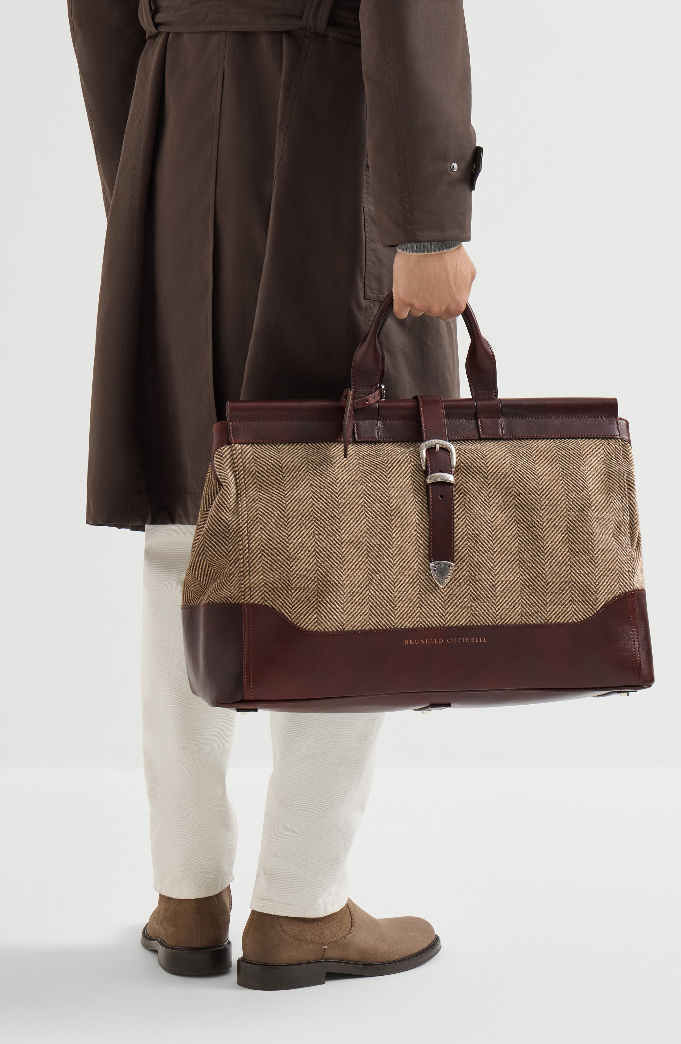 Burnished calfskin and chevron-effect techno fabric doctor bag, Alternate, color, Brown