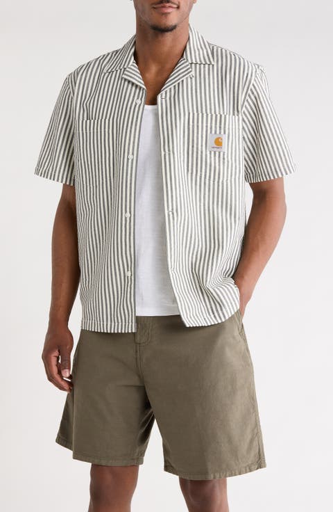 Leavel Stripe Seersucker Cotton Blend Button-Up Bowling Shirt
