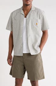 Carhartt Work In Progress Leavel Stripe Seersucker Cotton Blend Button-Up Bowling Shirt