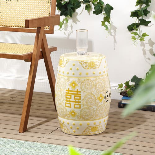 Jonathan Y Double Happiness 18" Chinoiserie Ceramic Drum Garden Stool In Yellow/white