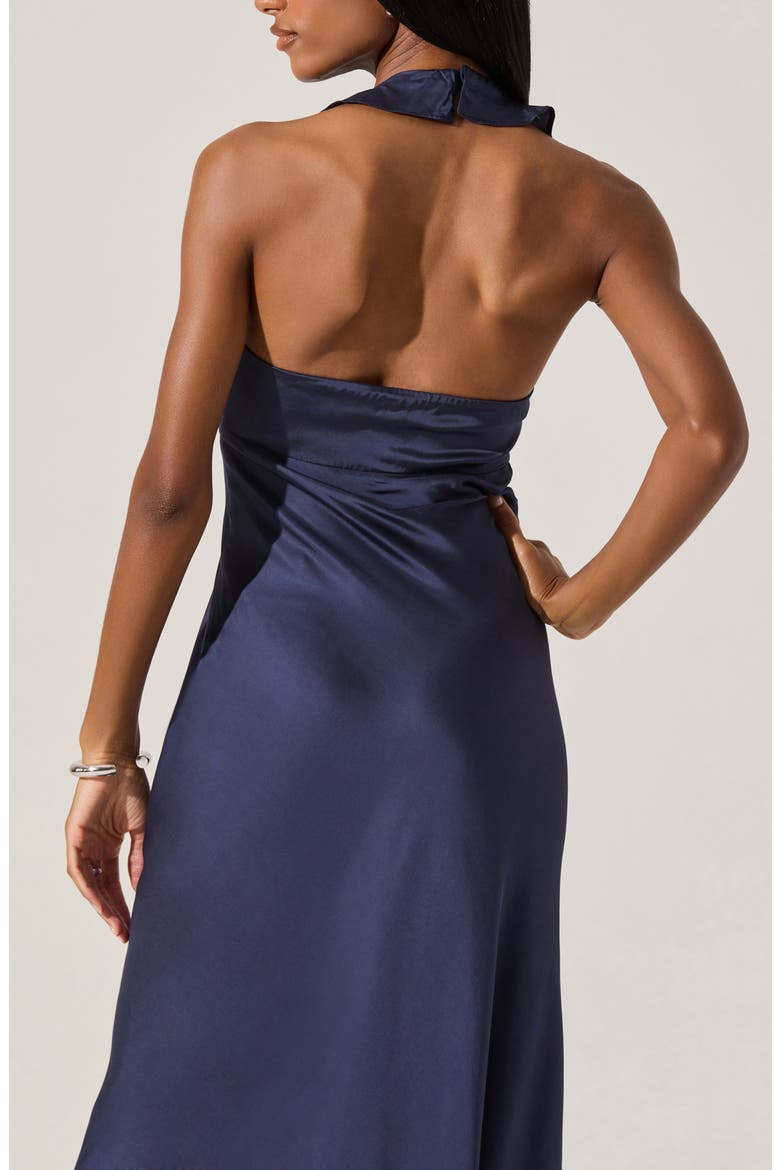 Morrigan Ruffle Halter Satin Maxi Dress, Alternate, color, NAVY