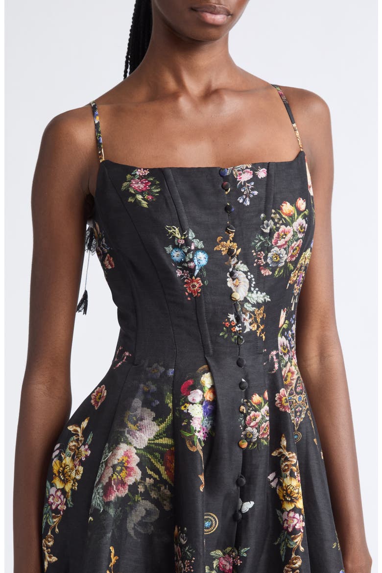 Floral Print Linen & Silk Corset Dress, Alternate, color, NIGHT GARDEN