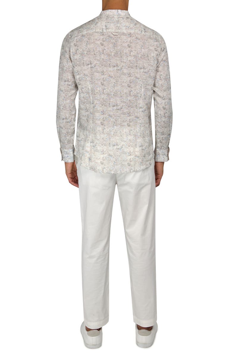 Brooklyn Brigade Slim Fit Abstract Leaves Linen Cotton Banded Collar Long Sleeve Shirt, Alternate, color, Beige