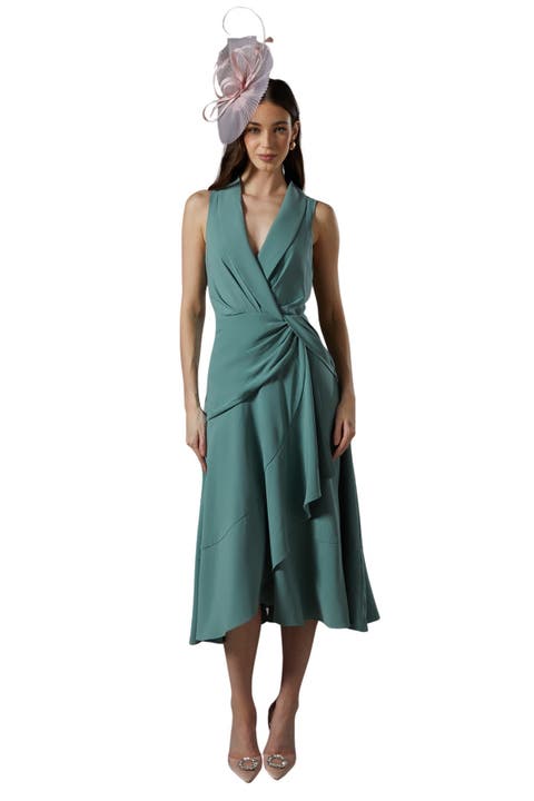 Shawl Collar Ruffle Hem Midi Dress