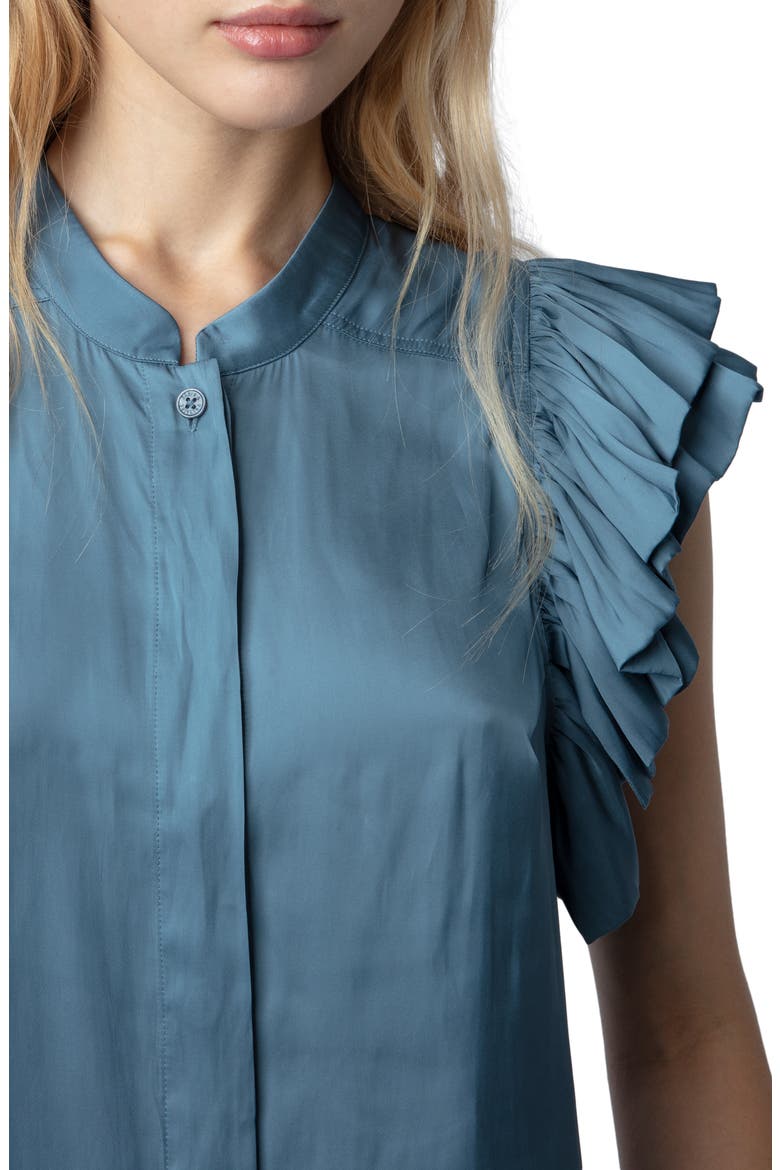 Tiza Ruffle Satin Button-Up Blouse, Alternate, color, BLUESTONE