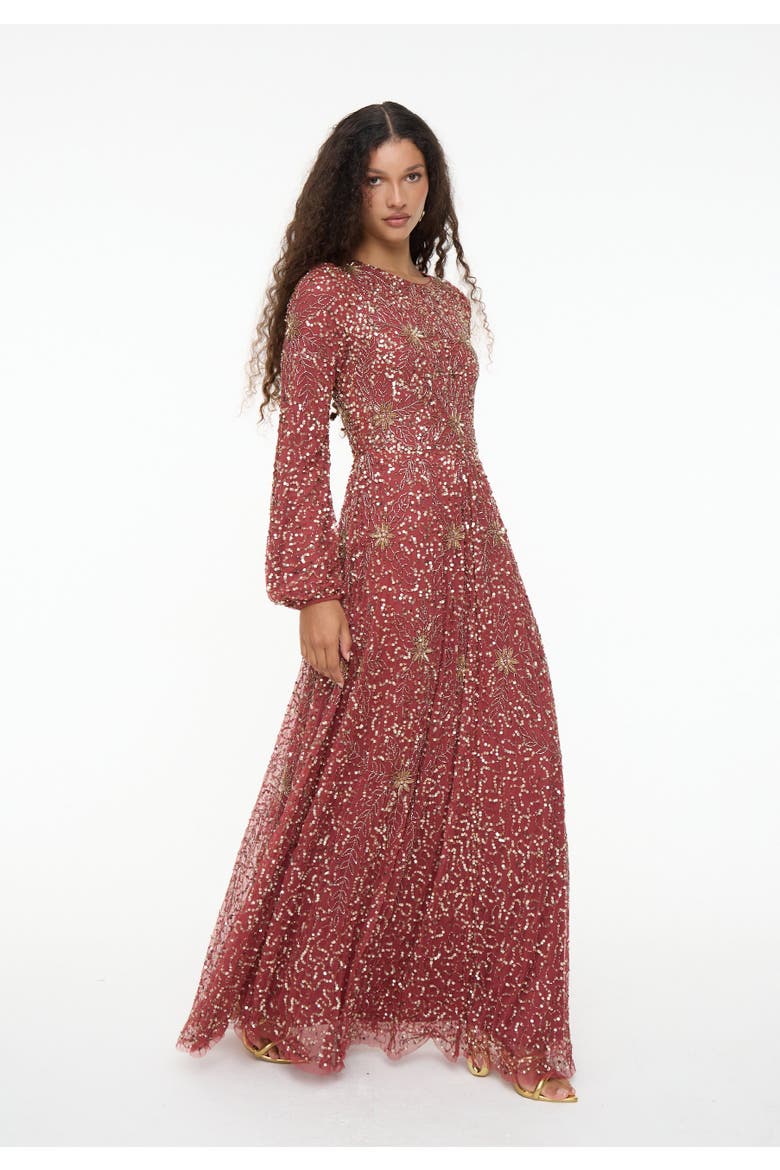 Modest Embellished Sequins A-Line Dress, Alternate, color, RUST