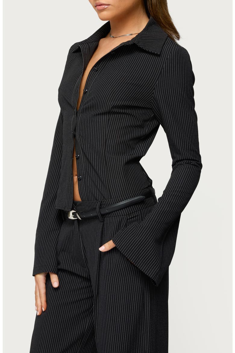 Pinstripe Tailored Button-Up Shirt, Alternate, color, BLACK