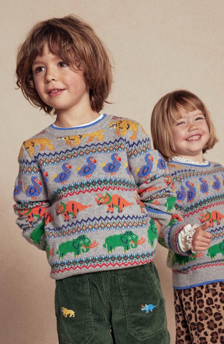 Mini Boden Kids' Prehistoric Pals Fair Isle Crewneck Sweater, Alternate, color,