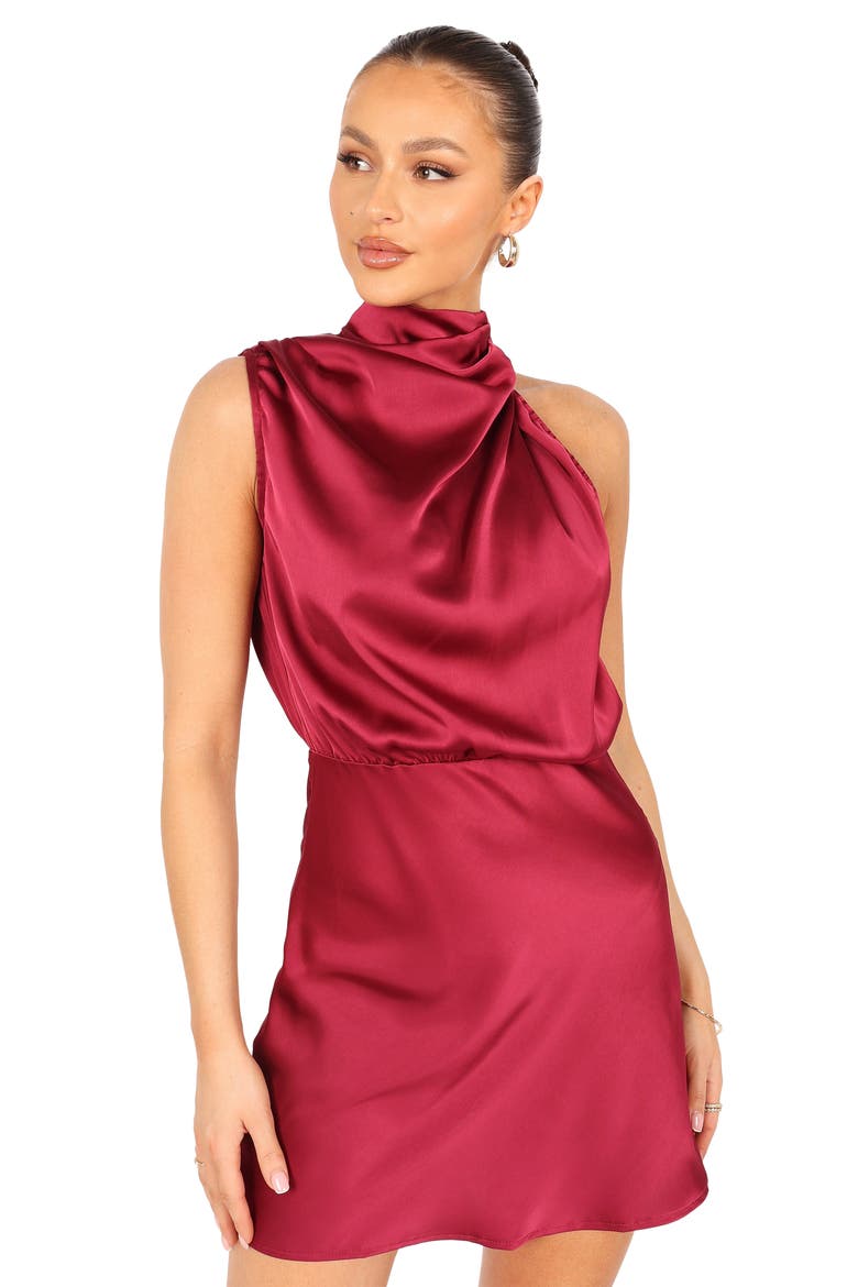 Annabelle Asymmetric Halter Neck Satin Minidress, Alternate, color, BERRY