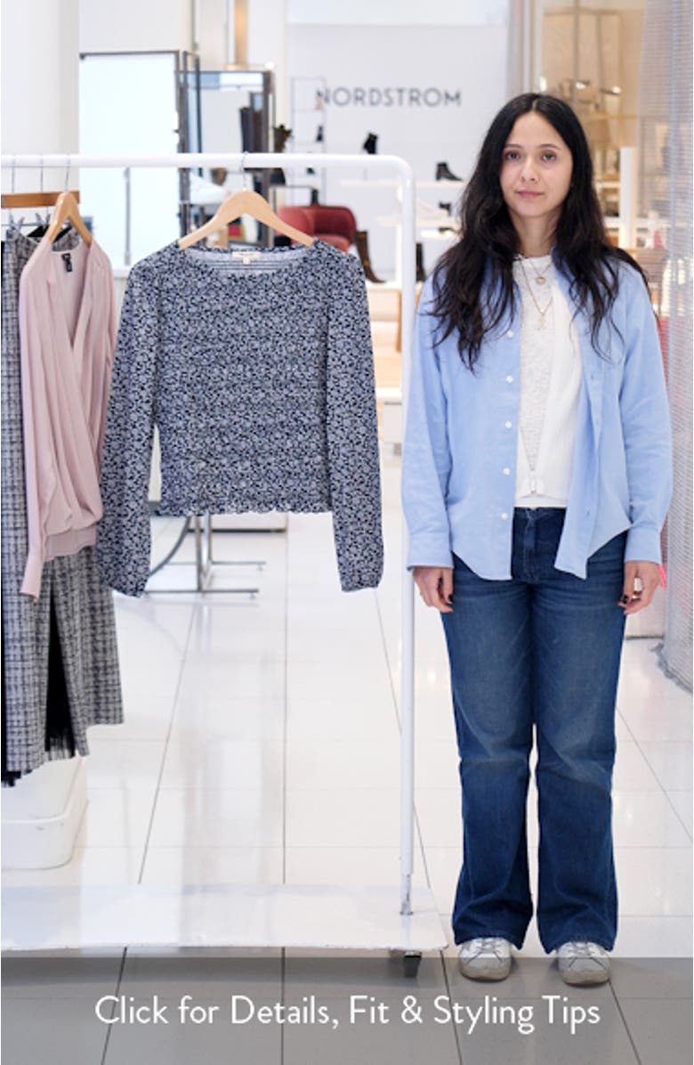 Smocked Boat Neck Long Sleeve Cotton Blend Top, sales video thumbnail