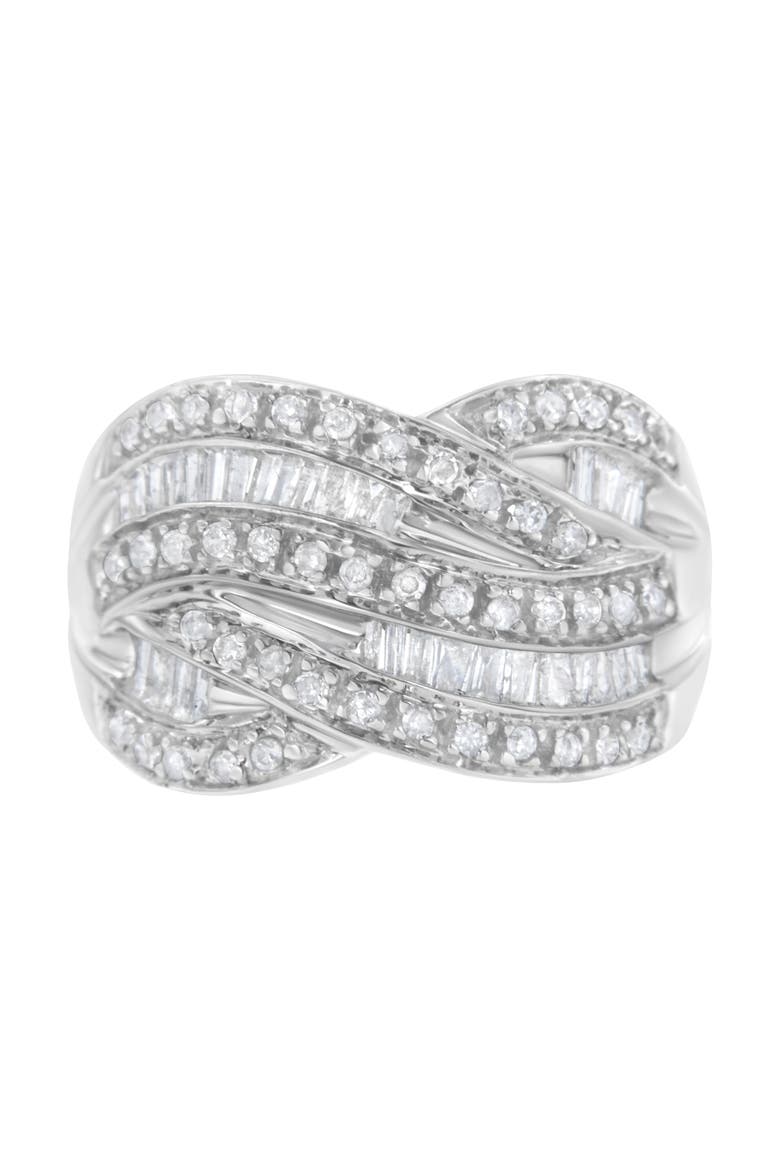 Silver 1.0 Cttw Round and Baguette Diamond Cross Over Ring Band, Main, color, Silver