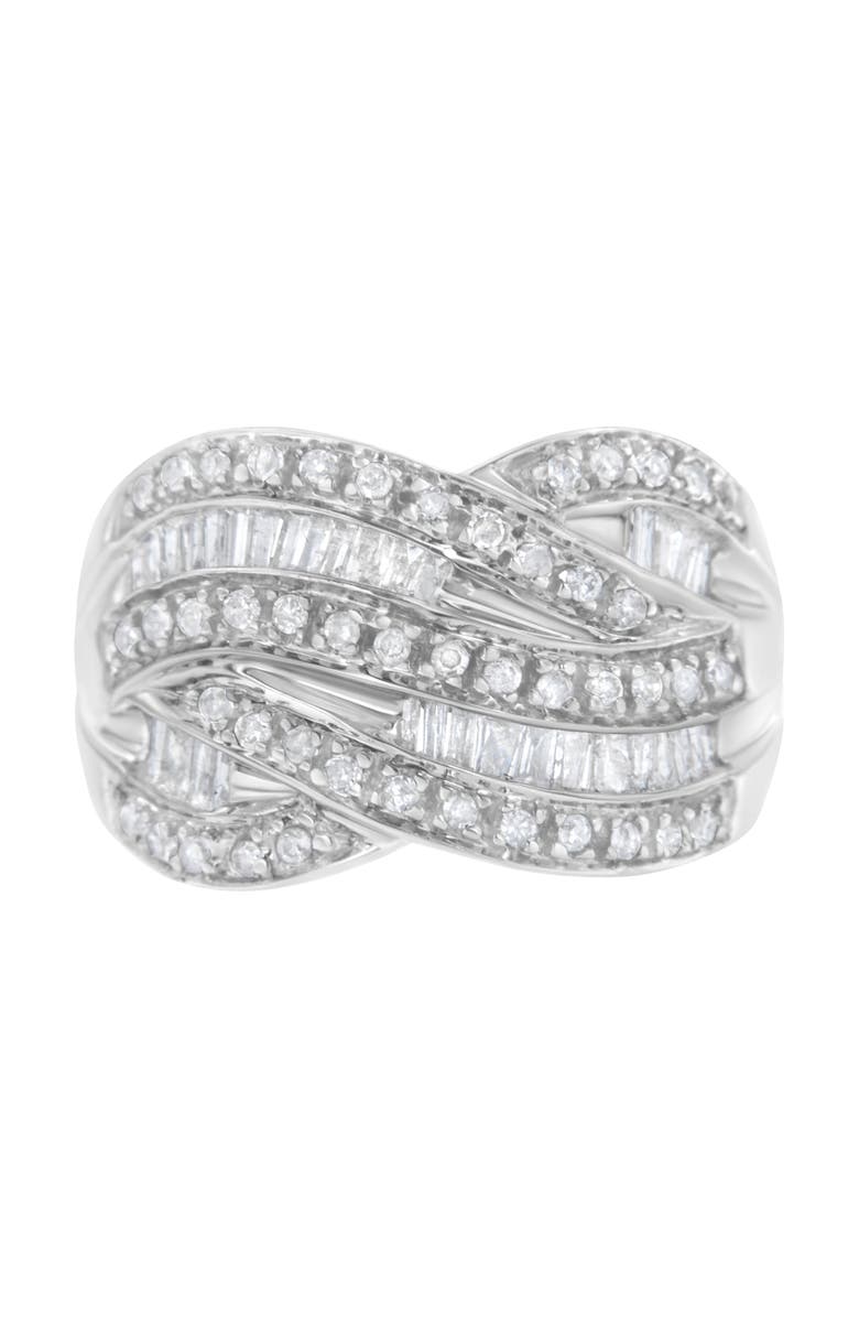 Haus of Brilliance Silver 1.0 Cttw Round and Baguette Diamond Cross-over Ring Band, Main, color, Silver