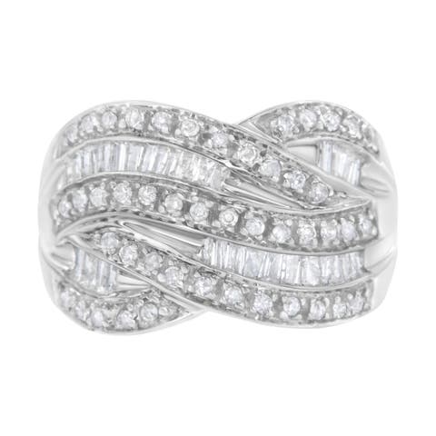 Silver 1.0 Cttw Round and Baguette Diamond Cross-over Ring Band