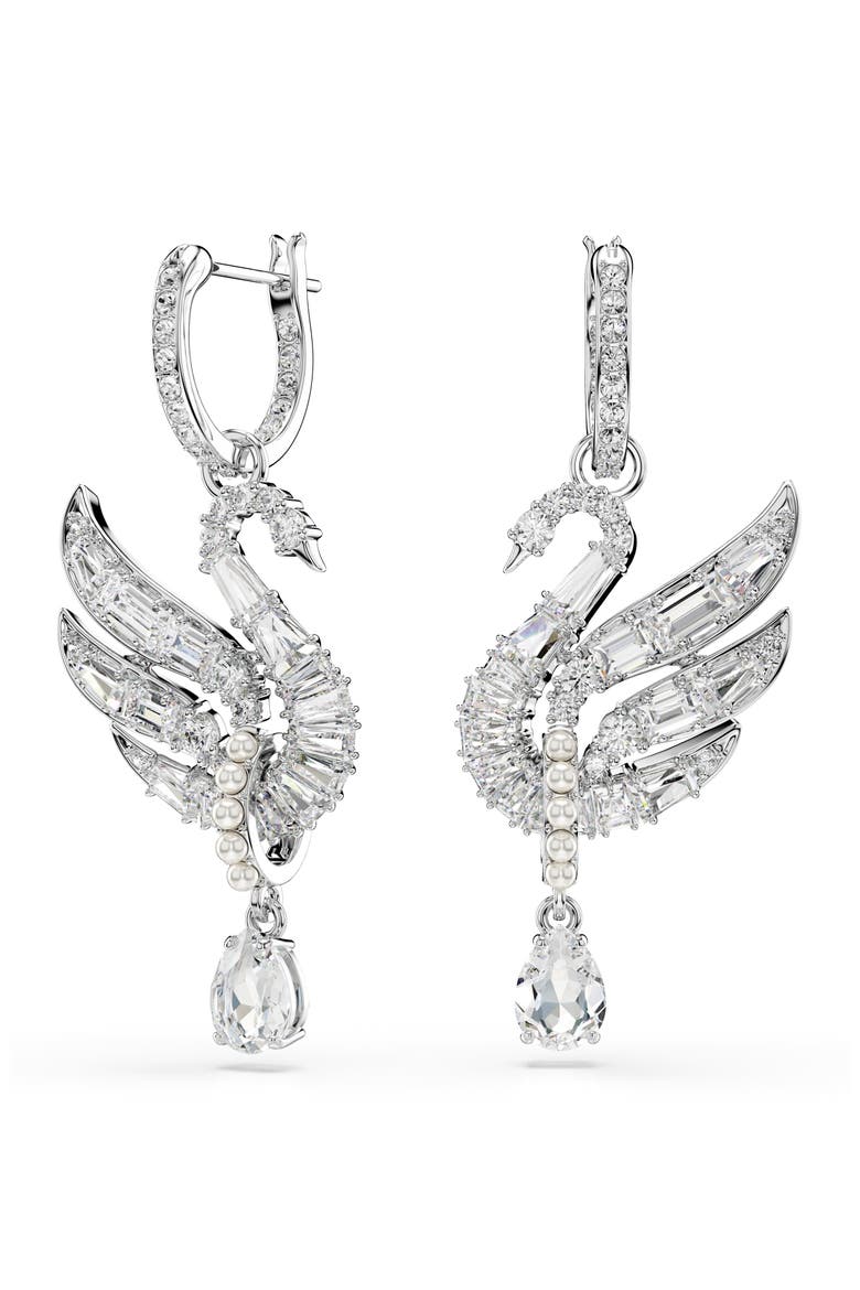 Swan Crystal & Faux Pearl Drop Earrings, Main, color, WHITE/ SILVER