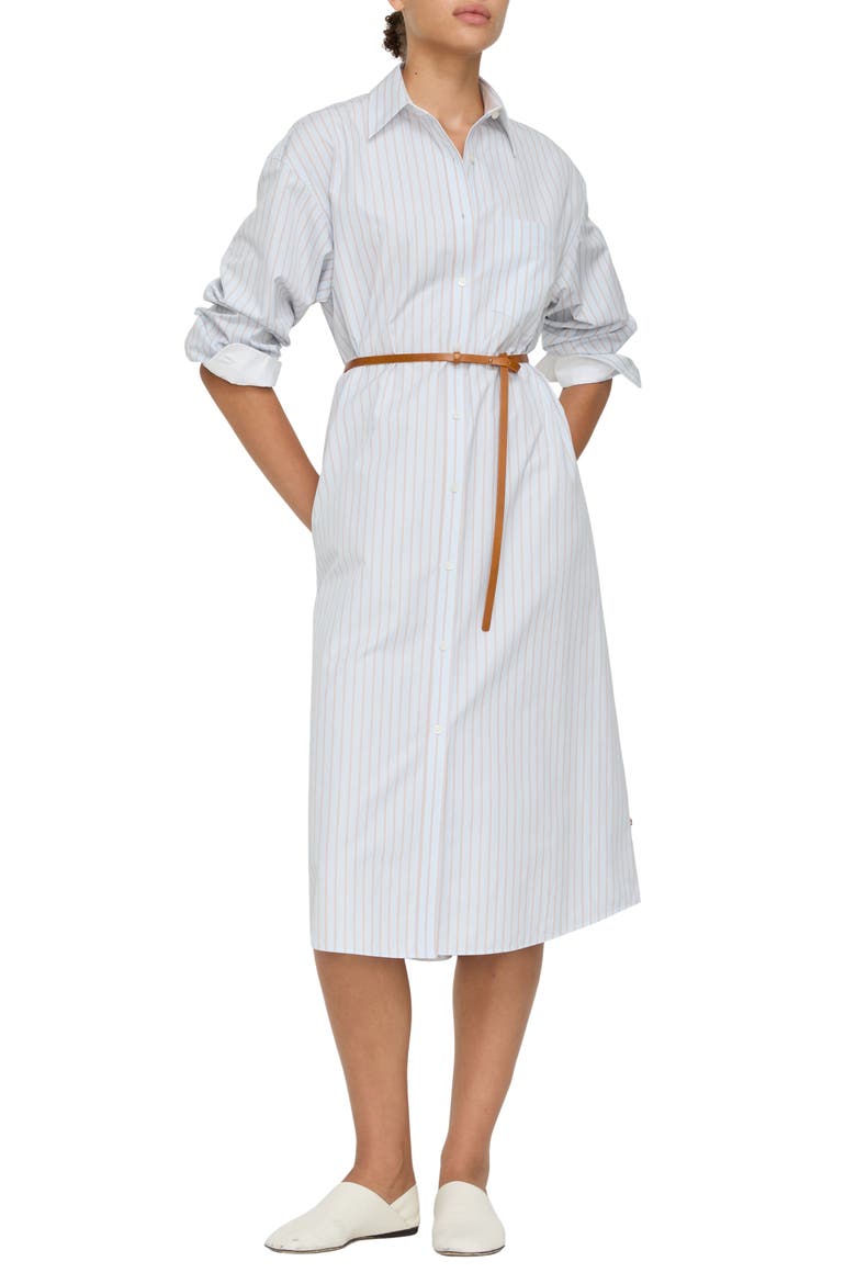 Aurora Stripe Long Sleeve Belted Oversize Cotton Poplin Midi Shirtdress, Main, color, GLACIER BLUE MULTI
