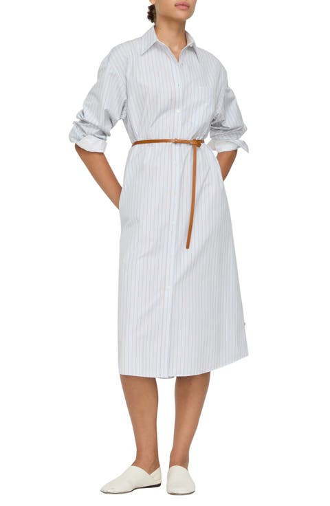 Aurora Stripe Long Sleeve Belted Oversize Cotton Poplin Midi Shirtdress