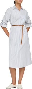 Lafayette 148 New York Aurora Stripe Long Sleeve Belted Oversize Cotton Poplin Midi Shirtdress