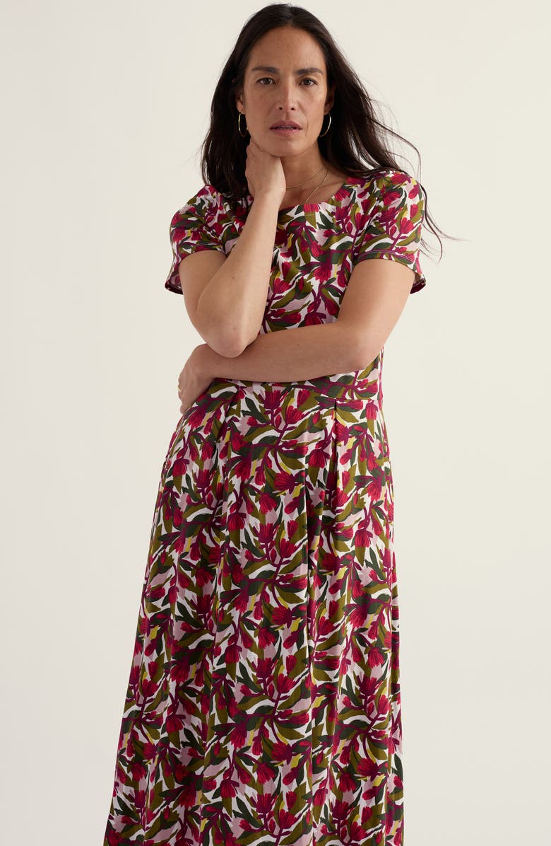 Seasalt Cornwall Veronica Floral Stretch Organic Cotton Midi Dress, Alternate, color, Abstract Protea Chalk