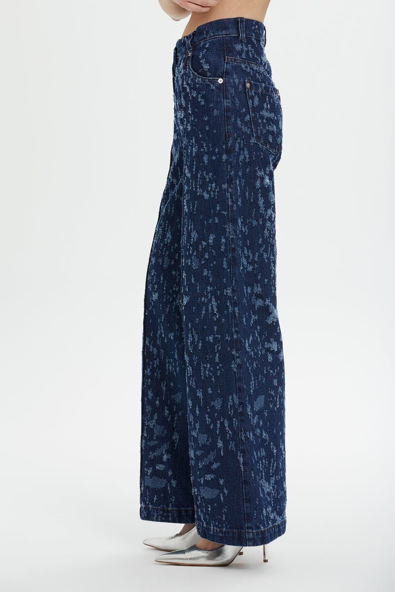 Belt and Button Detail Front Single-Pleat Wide-Leg Denim Pants, Alternate, color, Navy