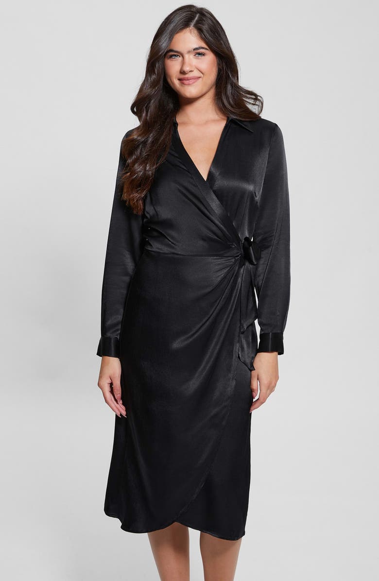 GUESS Clara Long Sleeve Satin Wrap Dress, Alternate, color,
