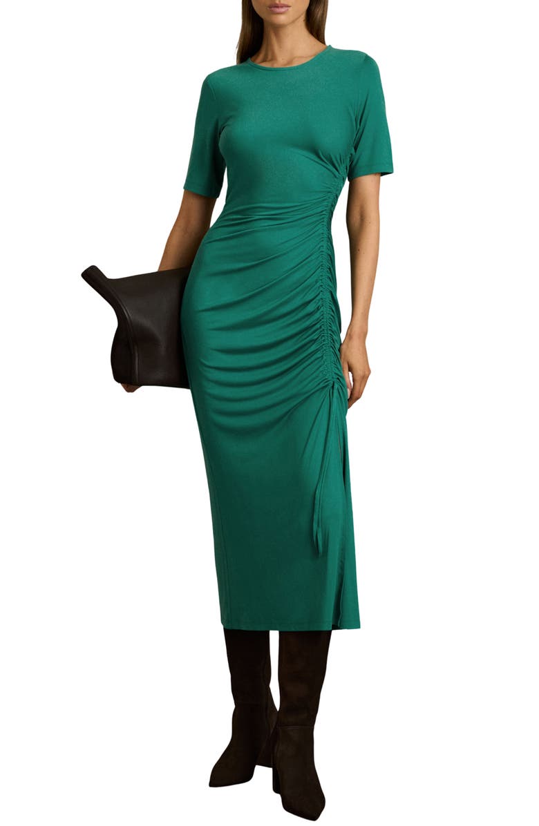 Reiss Rose Ruched Short Sleeve Jersey Dress, Main, color, Green
