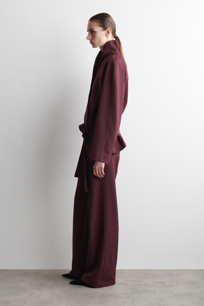 Belted Wool-Blend Shawl-Collar Jacket, Alternate, color, BURGUNDY