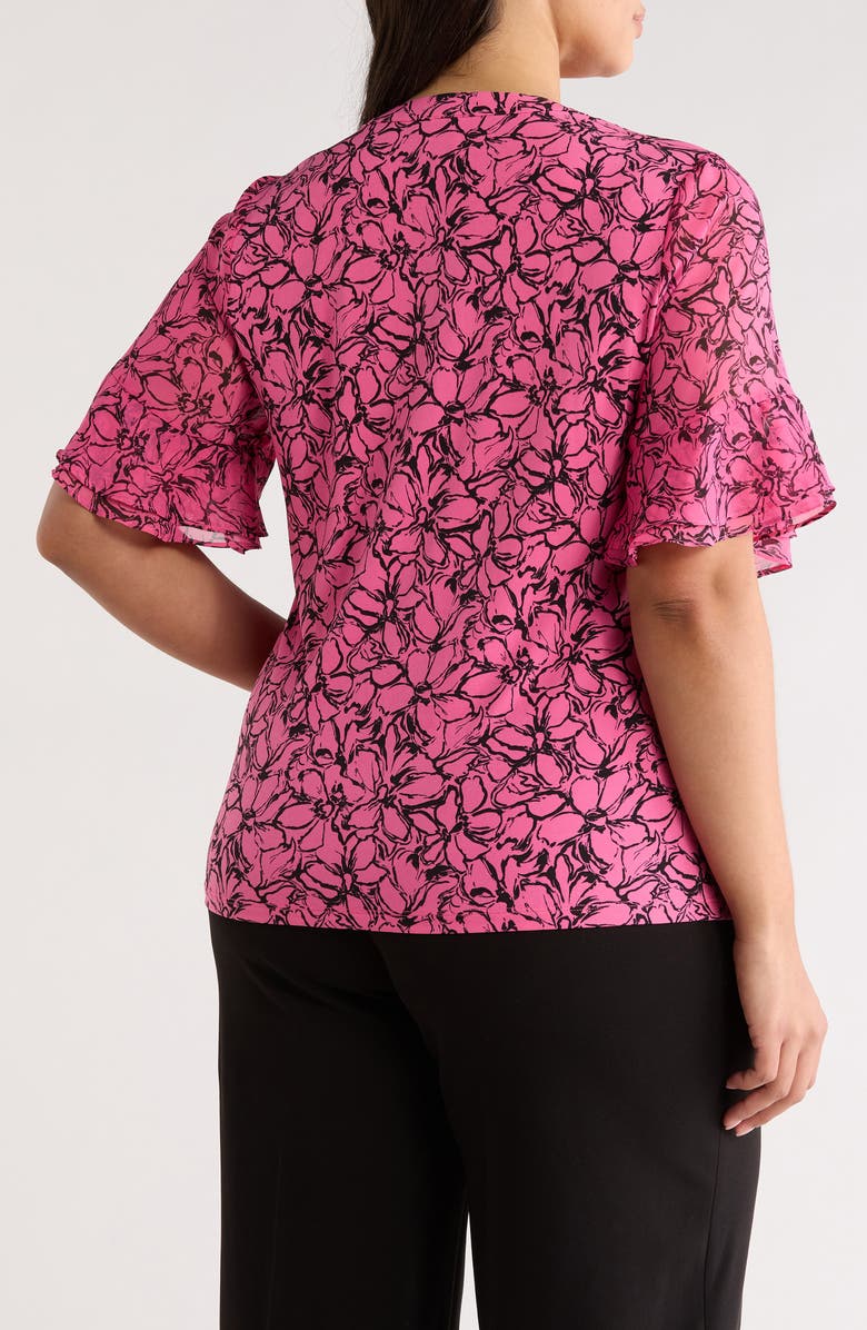 AK ANNE KLEIN Flutter Sleeve Top, Alternate, color, Pink Berry/ Anne Black