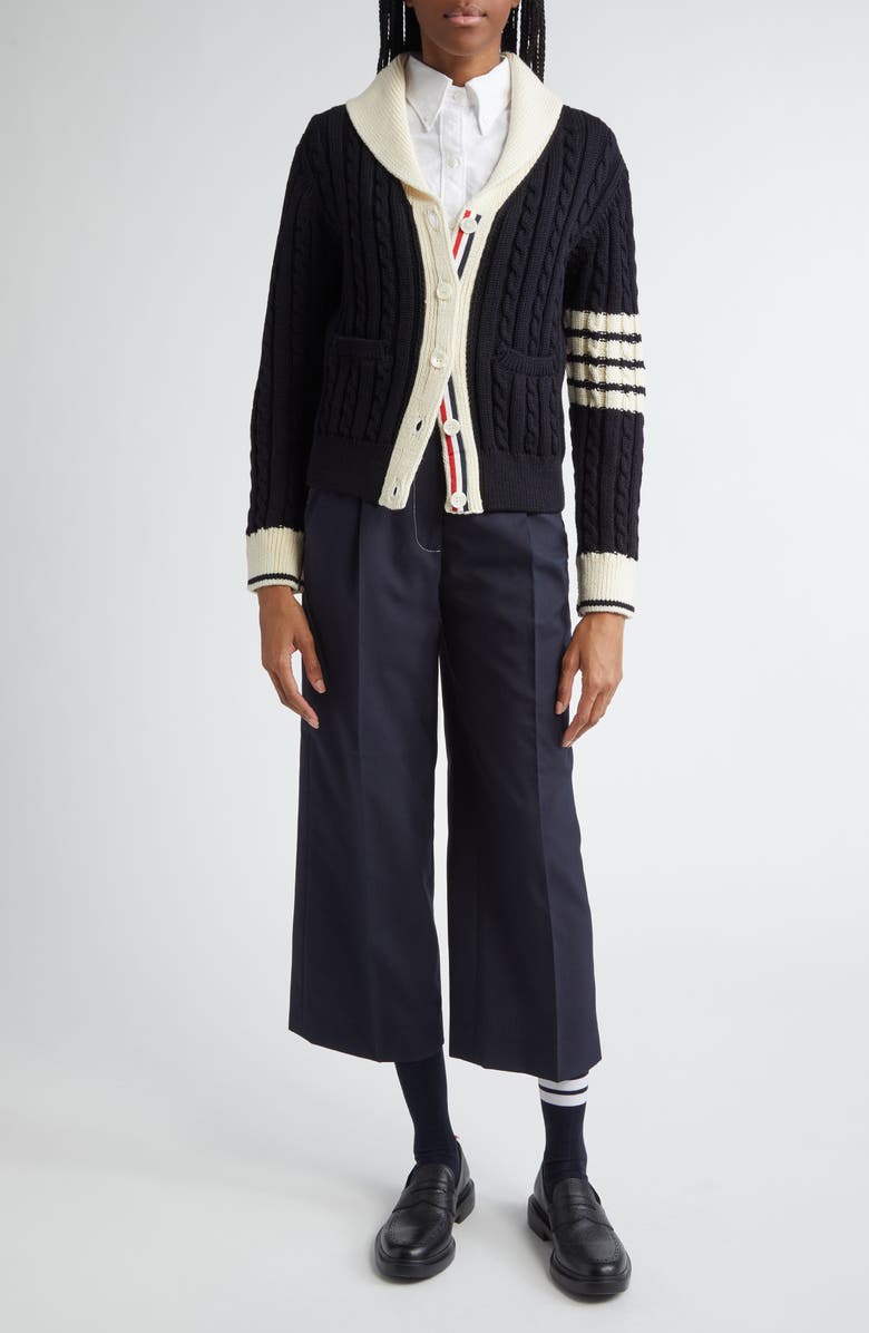 Thom Browne 4-Bar Cable Knit Virgin Wool Shawl Cardigan, Alternate, color, Navy