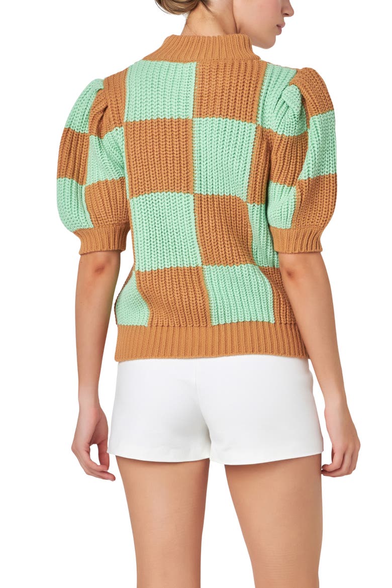 Check Pattern Short Sleeve Shaker Stitch Sweater, Alternate, color, BROWN GREEN