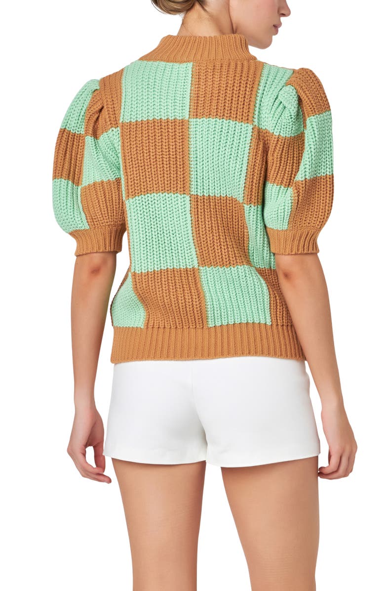 English Factory Check Pattern Short Sleeve Shaker Stitch Sweater, Alternate, color, Brown Green