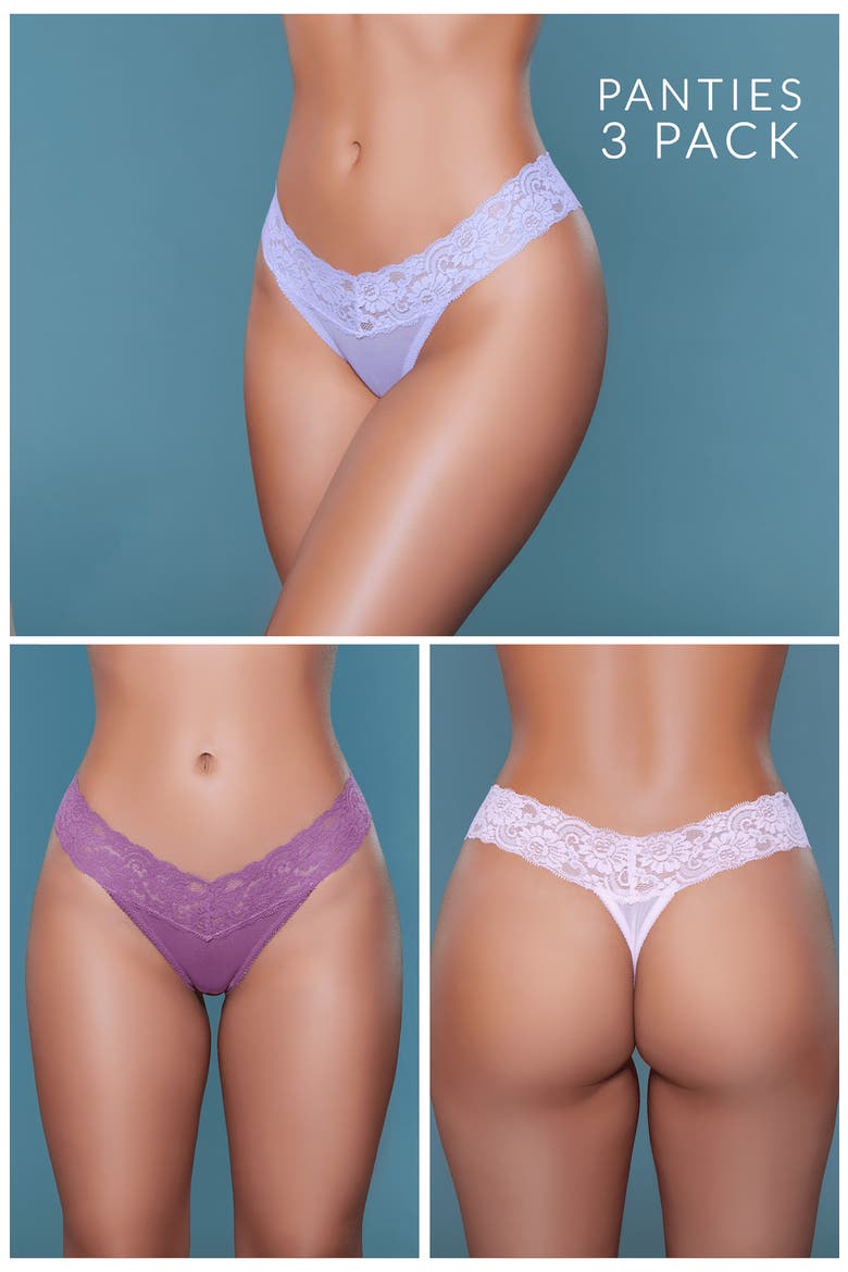 Mila 3-Pack Lace Thongs, Alternate, color, PINK/ LAVENDER/ ROSEWOOD