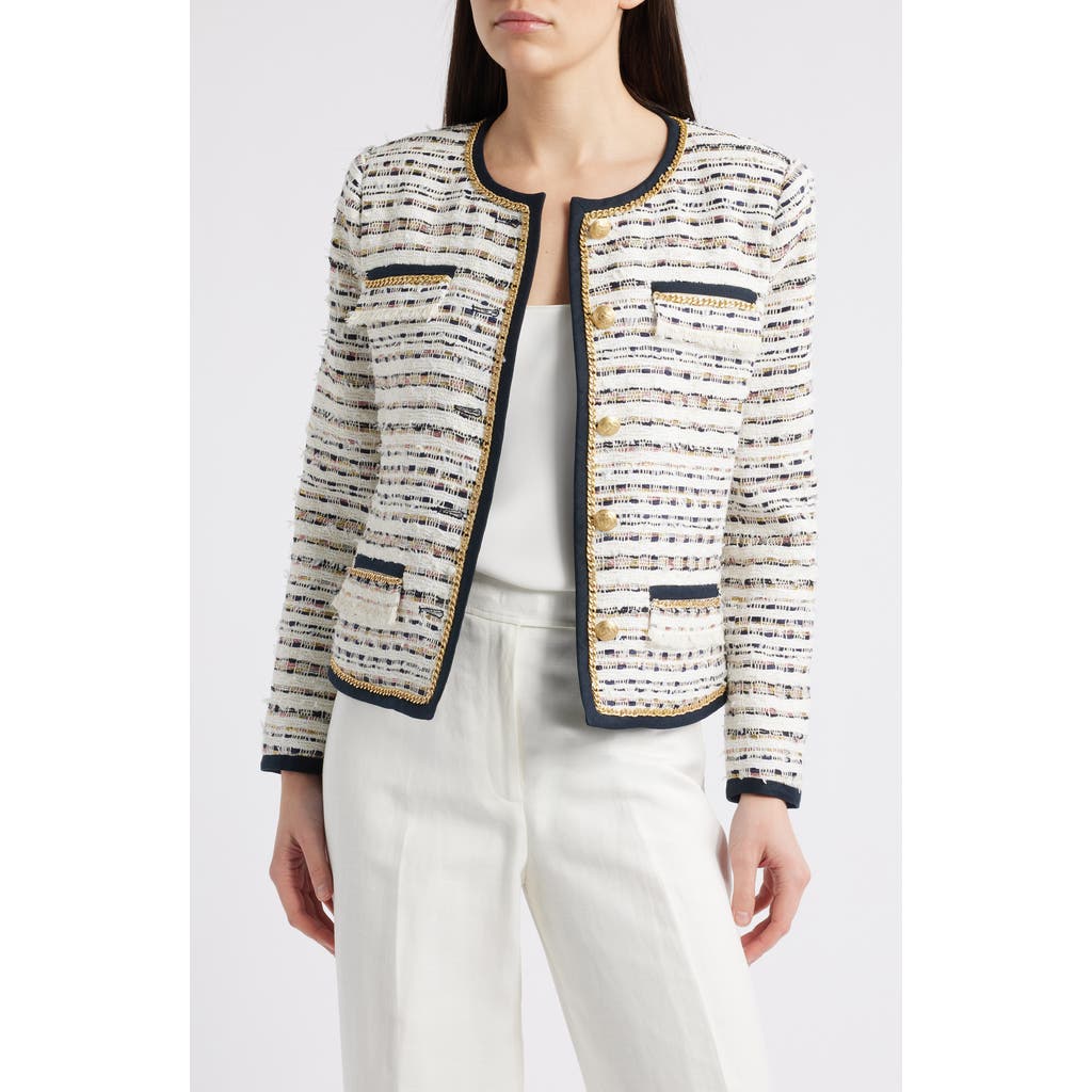 Kobi Halperin Kiera Chain-trim Fringed Tweed Jacket In Ivory/navy Multi