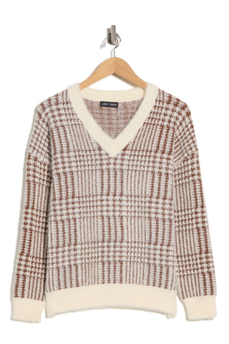 Plaid V-Neck Sweater, Alternate, color, BROWN