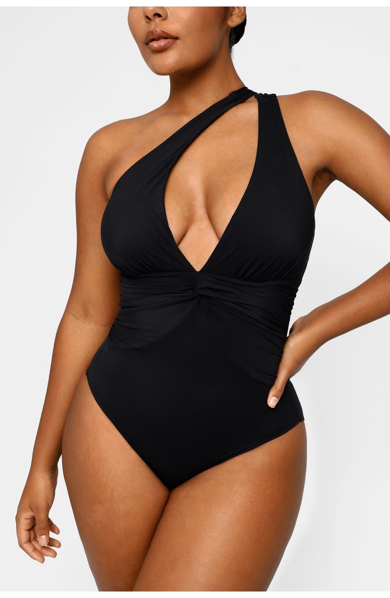 Shapellx Ruched Twist-Front Shaping Swimsuit, Alternate, color, Jet Black