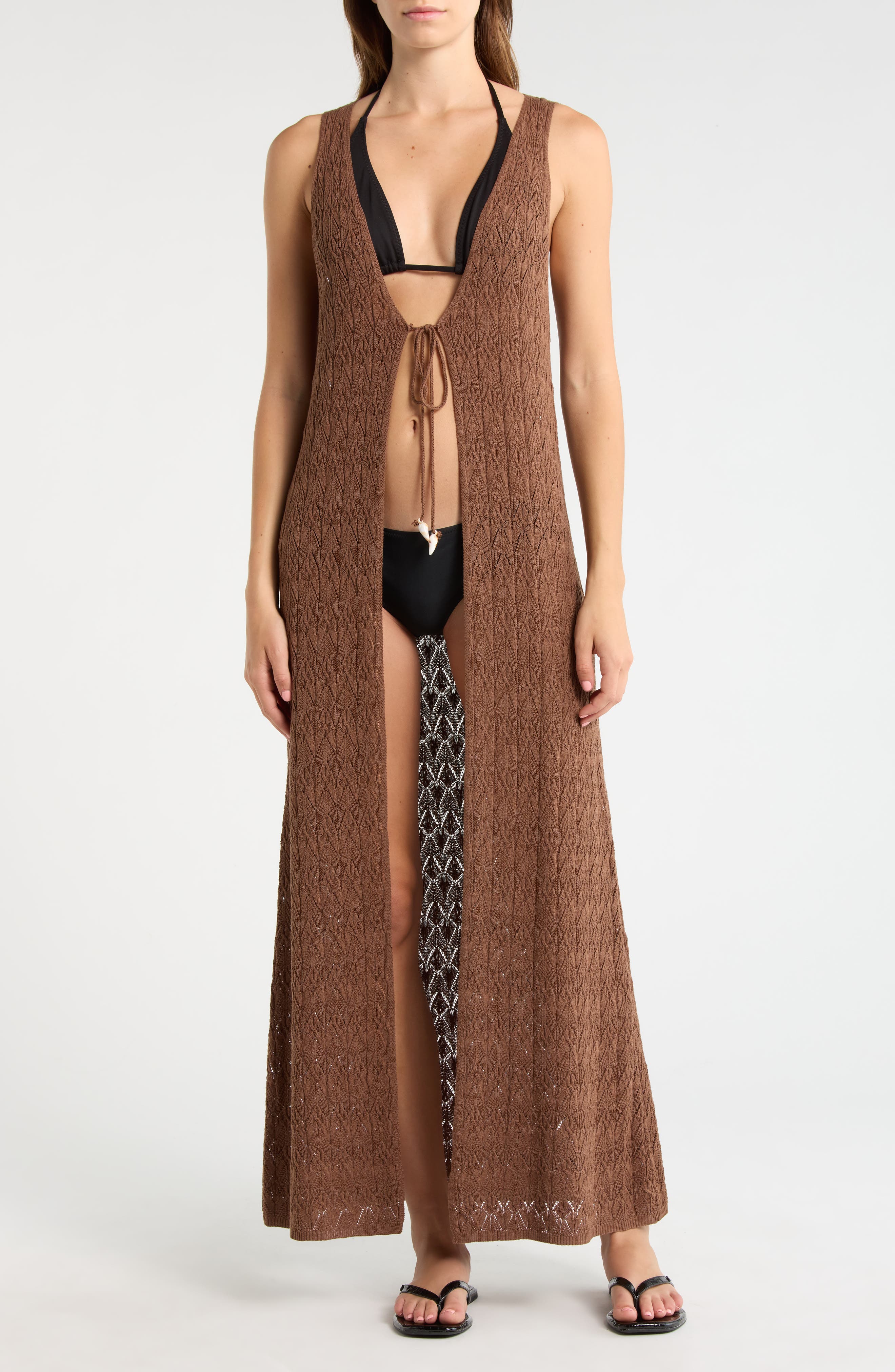 Sleeveless Tie Front Pointelle Cover-Up