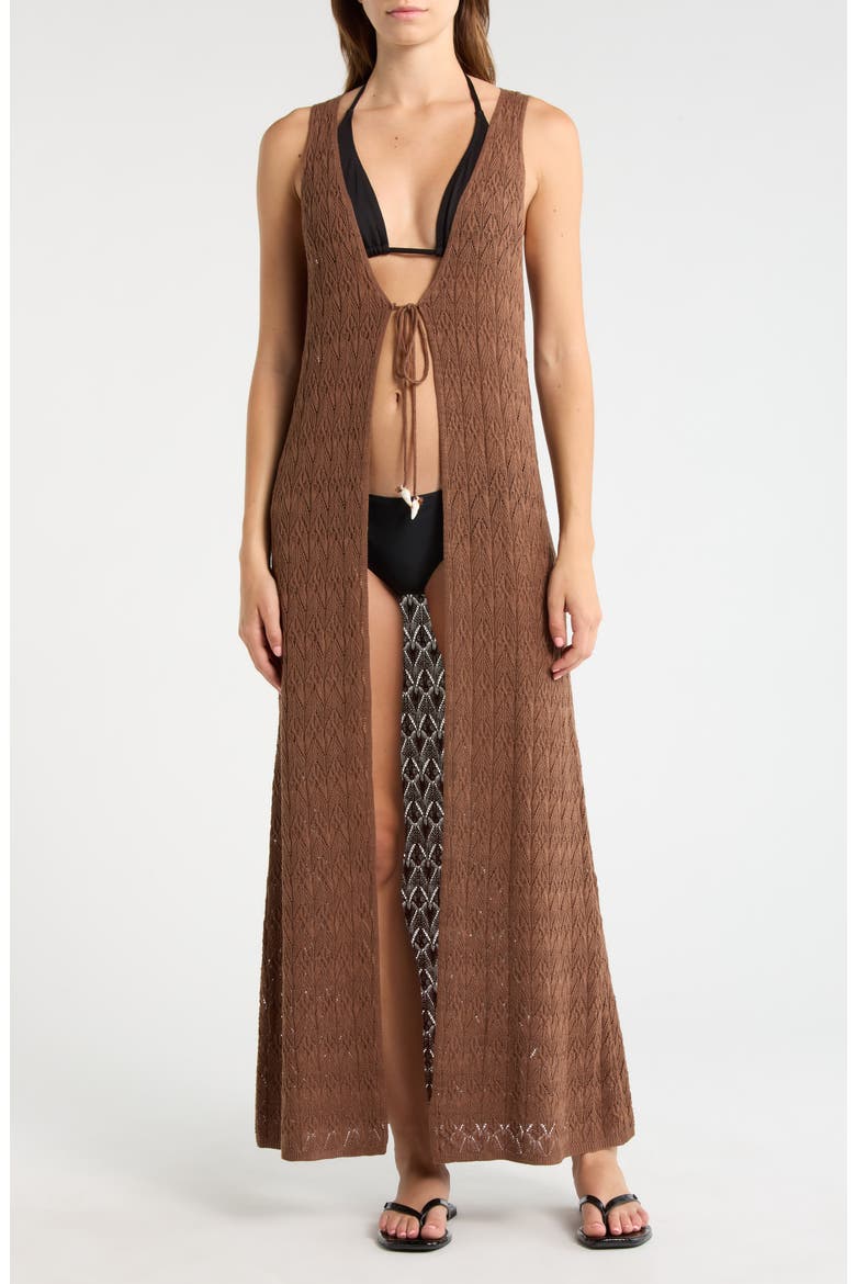 Sleeveless Tie Front Pointelle Cover-Up, Main, color, BROWN