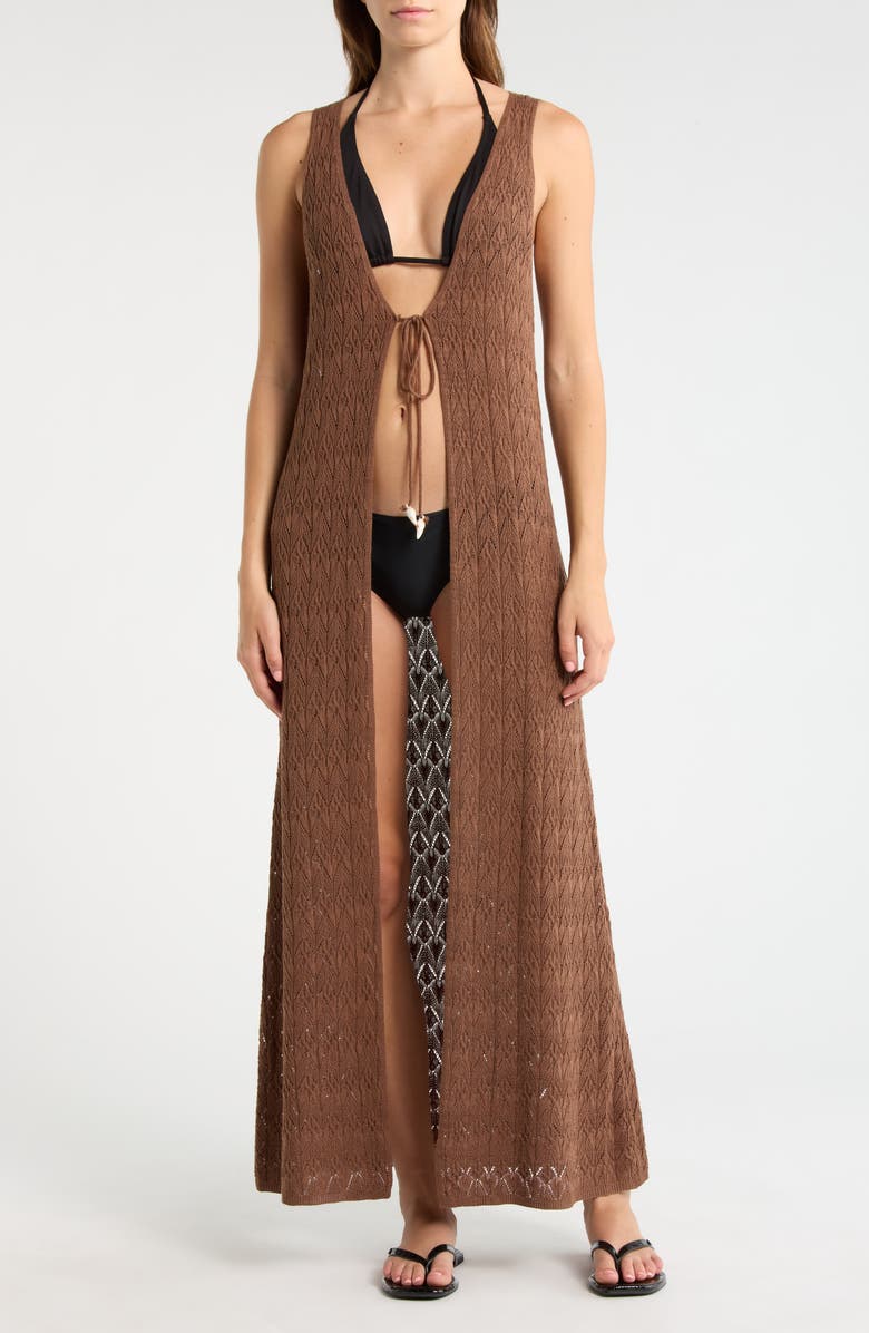Elan Sleeveless Tie Front Pointelle Cover-Up, Main, color, Brown
