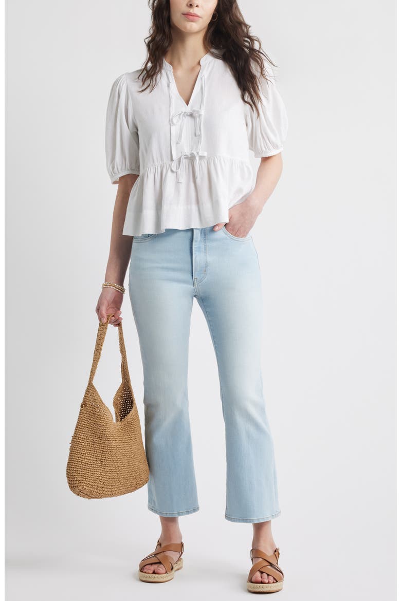 Linen Blend Tie Front Peplum Top, Alternate, color, WHITE