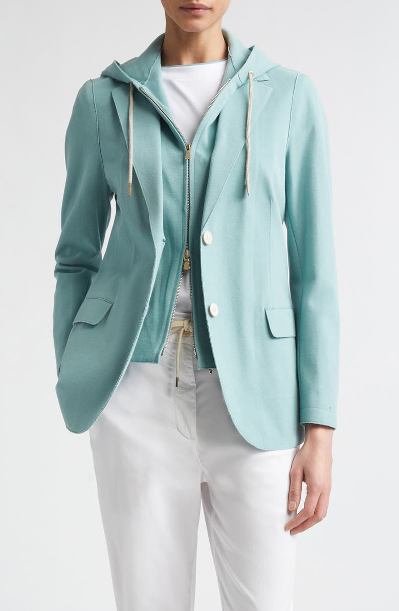 Eleventy Laser Cut Cotton Blend Knit Jacket with Hooded Zip Inset, Main, color, 175 Jade