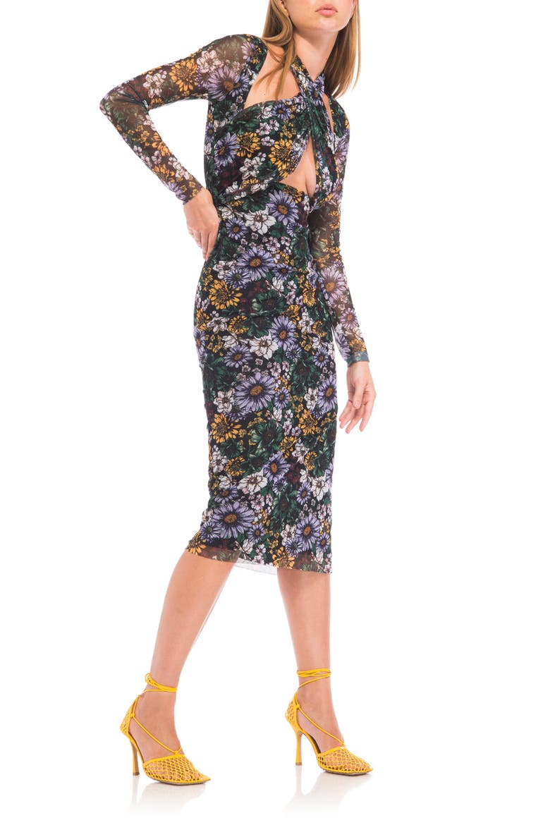Adut Cutout Bodice Long Sleeve Mesh Midi Dress, Alternate, color, BOTANICAL GARDEN