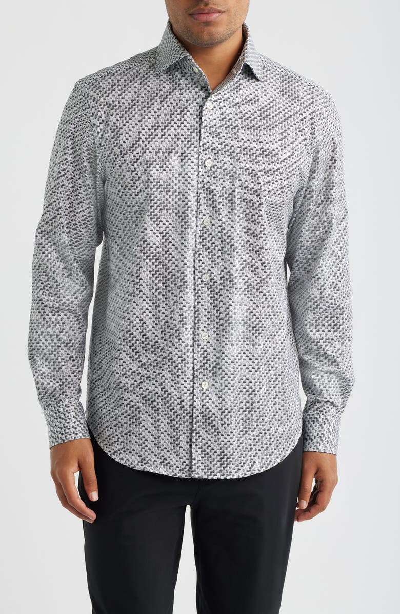 Bugatchi Devon OoohCotton<sup>®</sup> Geometric Print Long Sleeve Button-Up Shirt, Main, color, Platinum