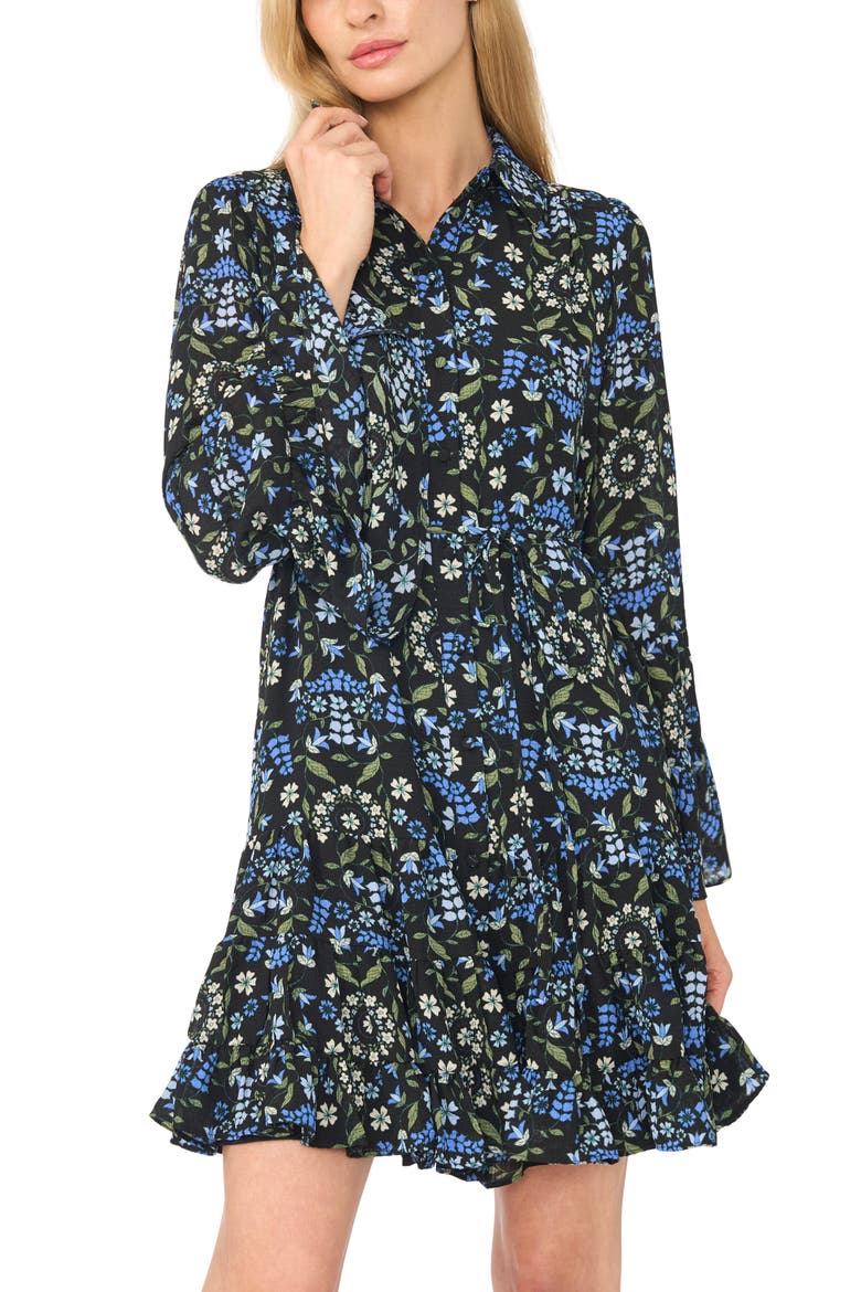 Floral Print Long Sleeve Minidress, Alternate, color, RICH BLACK