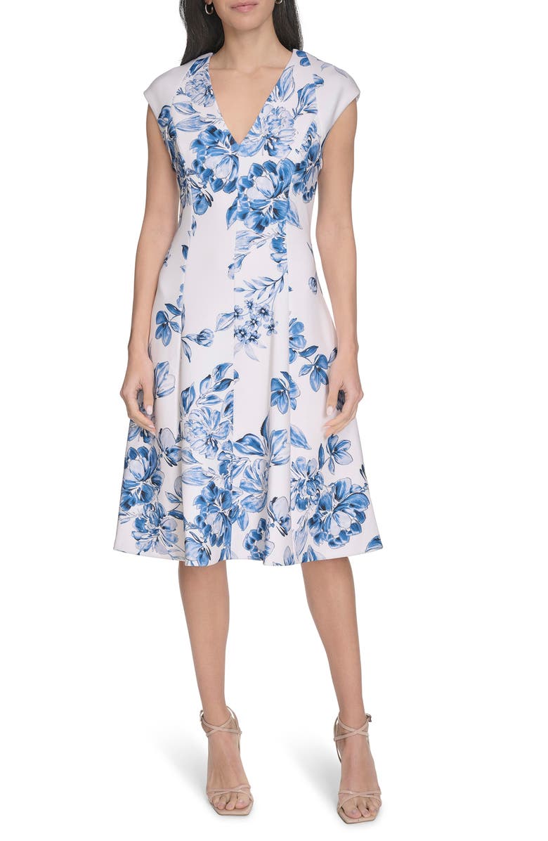 Calvin Klein Floral Cap Sleeve Fit & Flare Dress, Main, color, 