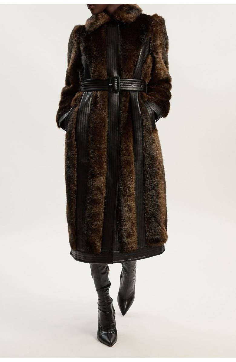 Karen Millen Petite Faux Fur Belted Midi Coat, Alternate, color, Chocolate