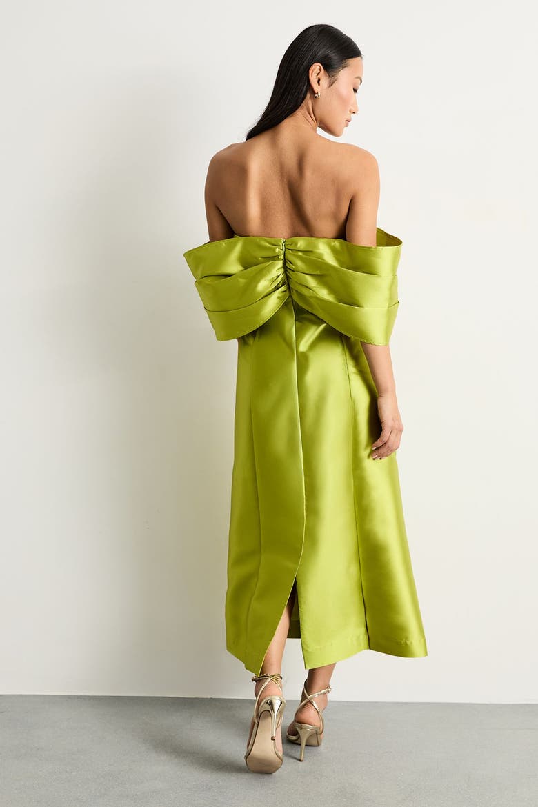 Petite Satin Twill Bardot Midi Dress, Alternate, color, Chartreuse