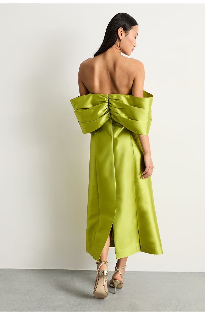 Warehouse Petite Satin Twill Bardot Midi Dress, Alternate, color, Chartreuse